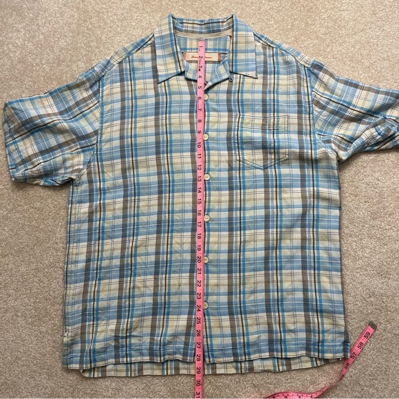 Tommy Bahama Shirt Mens Large Blue Gray Plaid Short Sleeve Button Up 100% Silk - Picture 9 of 10